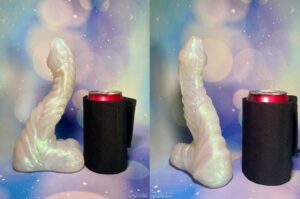 Two pictures, side by side, of the Mothman dildo compared to a 12 ounce soda can. There is a black, cloth bag wrapped around the soda can. The Mothman dildo is sparkly white, with green and pink undertones.