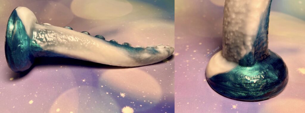 Two side by side pictures of Thalia tentacle showing off the texture on the non-sucker areas of the dildo. The texture is small skin bumps, similar to goose bumps. 