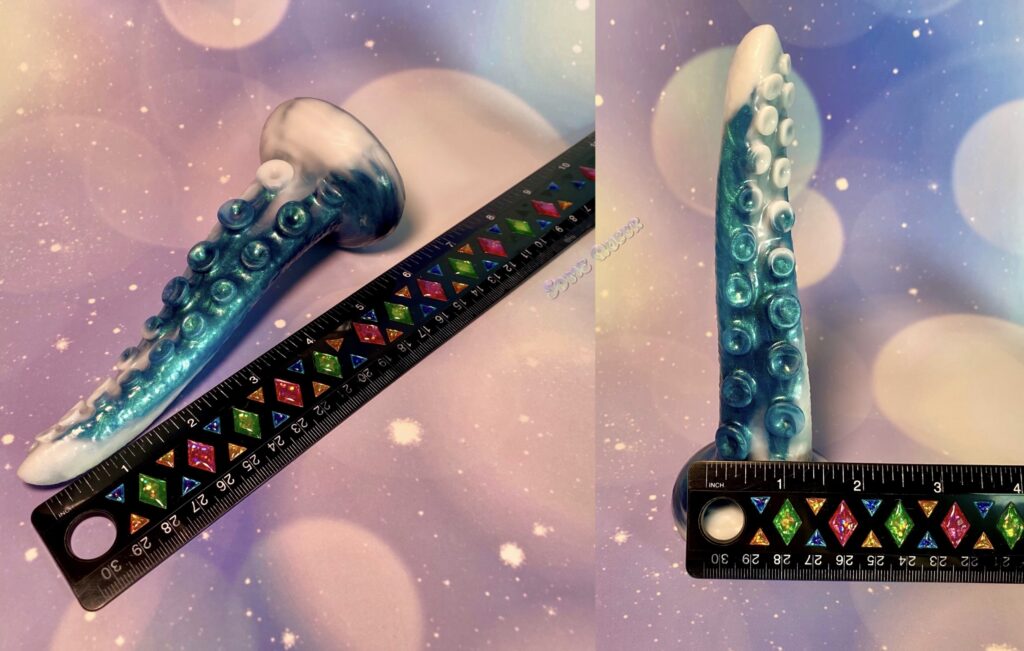 Two pictures side by side of Thalia tentacle with a black ruler beside it, and on top of it to show the length and width dimensions. 